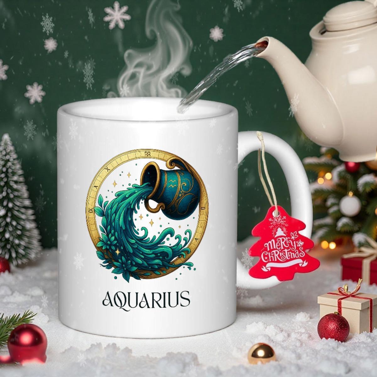 Tailorly White Ceramic 11 oz Mug - Aquarius Ornate Golden Circle Framing Flowing Blue Waves From Ceramic Pitcher