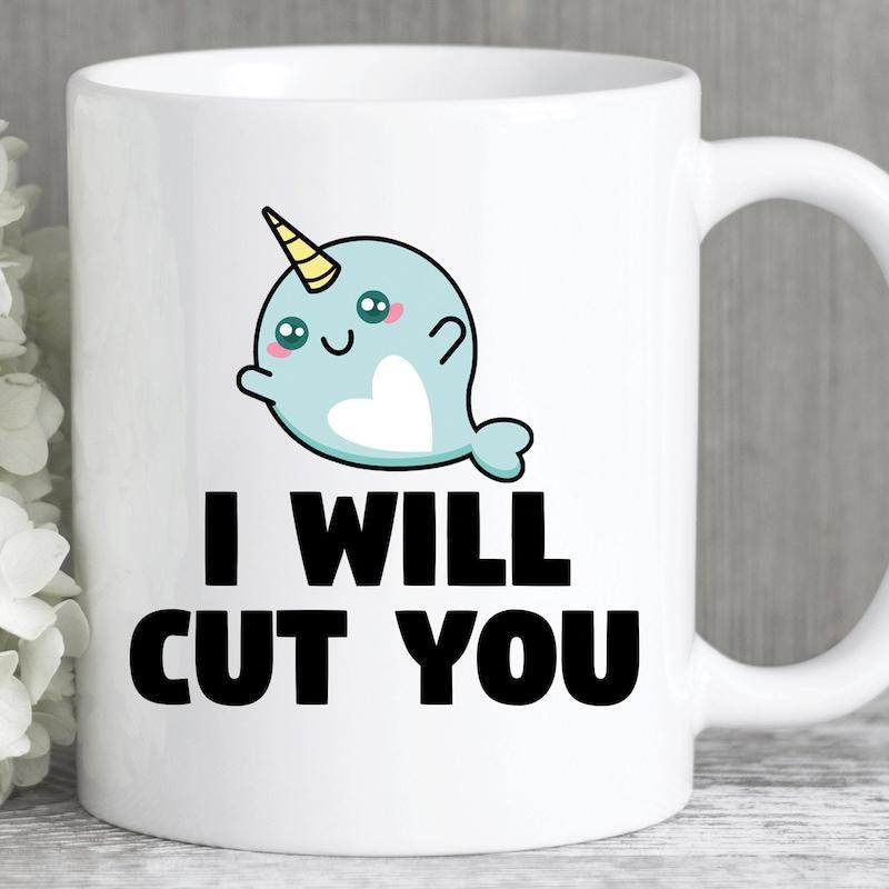 Tailorly White Ceramic 11 oz Mug - I Will Cut You Cute Smiling Cartoon Animal With Sharp Golden Horn Floating In White Space Narwhal