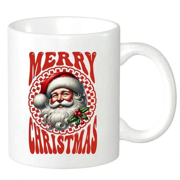 Tailorly White Ceramic 11 oz Mug - Merry Christmas Vintage Portrait Style With Festive Red Hat And White Beard Santa