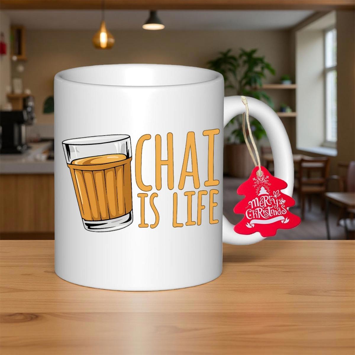 Tailorly White Ceramic 11 oz Mug - Chai Is Life Glass Filled With Traditional Steaming Indian Spiced Tea Drink Chai