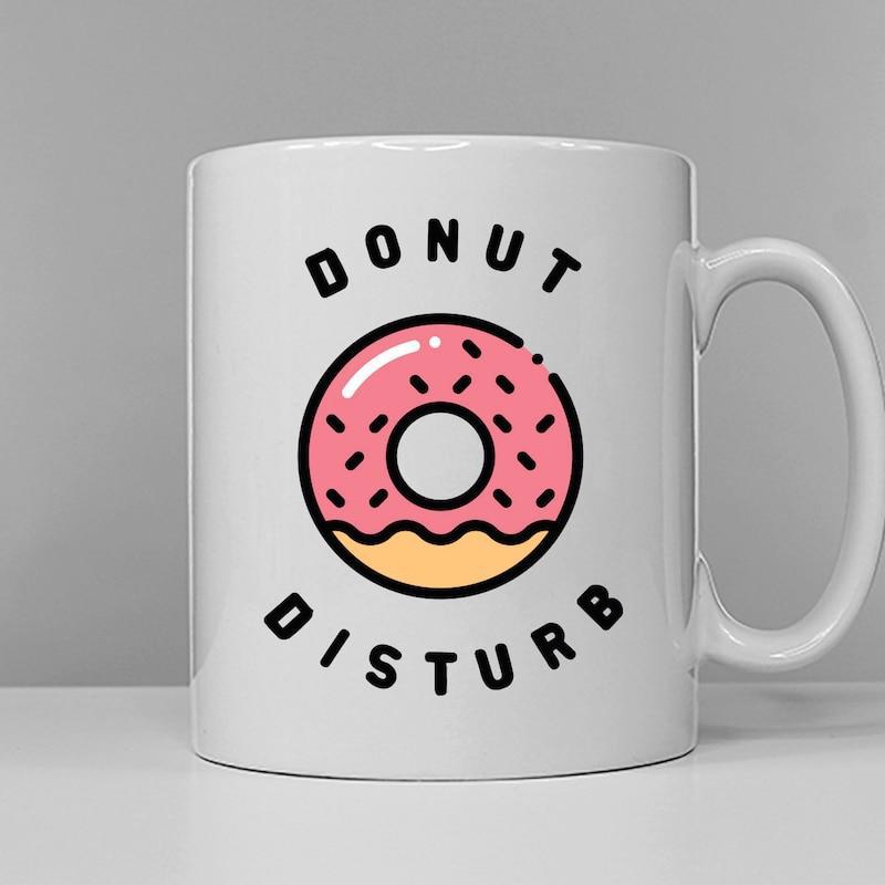 Tailorly White Ceramic 11 oz Mug - Donut Disturb Delicious Pink Frosted Sweet Pastry With Sprinkles And Dark Outline Donut