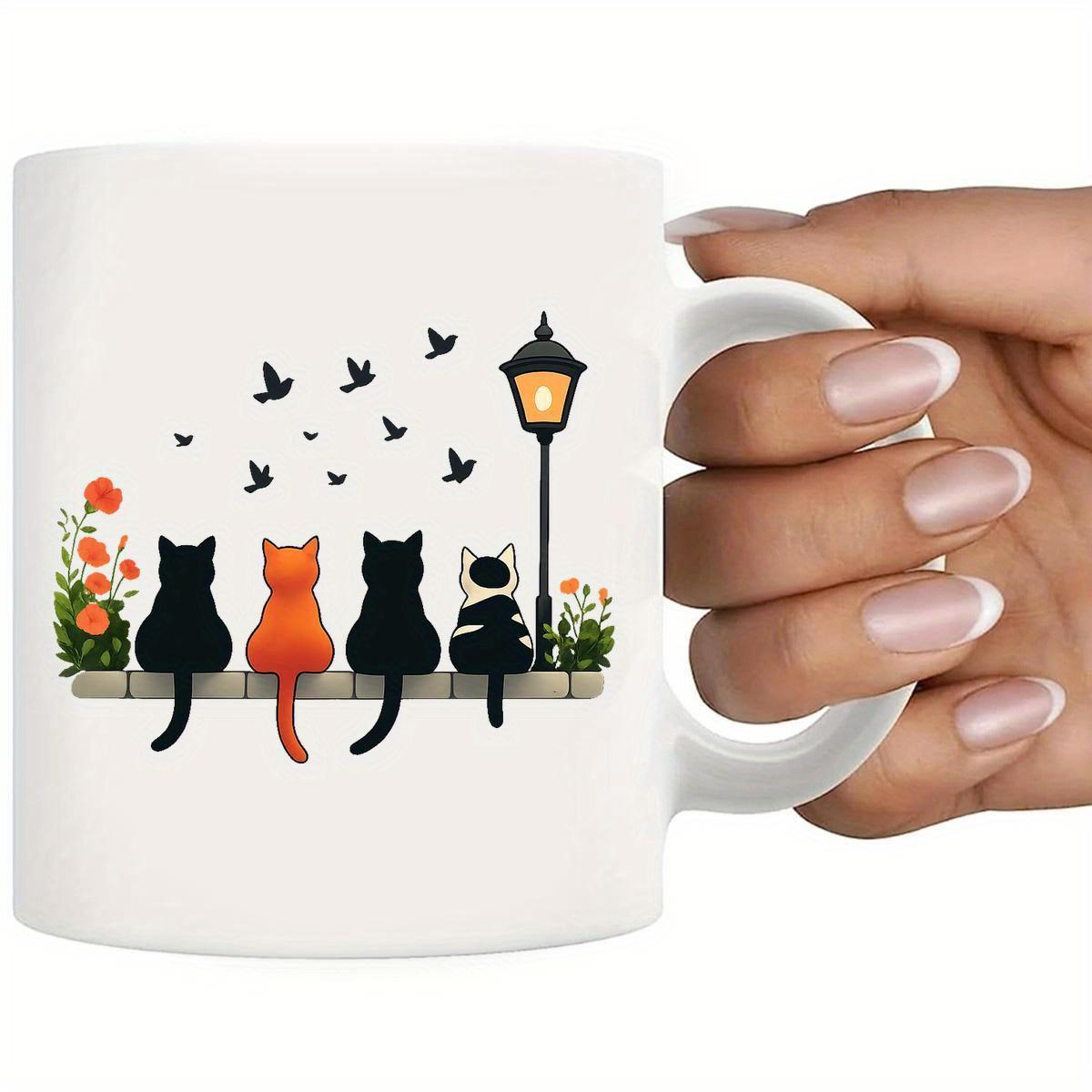 Tailorly White Ceramic 11 oz Mug - Four Adorable Silhouettes Sitting On Ledge Under Birds And Vintage Lamp Cats