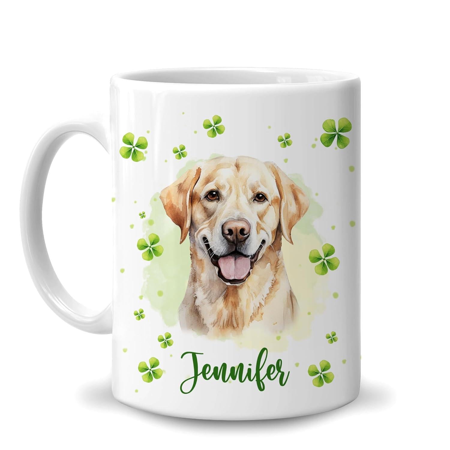 Tailorly White Ceramic 11 oz Mug - Jennifer Realistic Golden Retriever Smiling Among Floating Green Lucky Four Leaf Clovers Dog