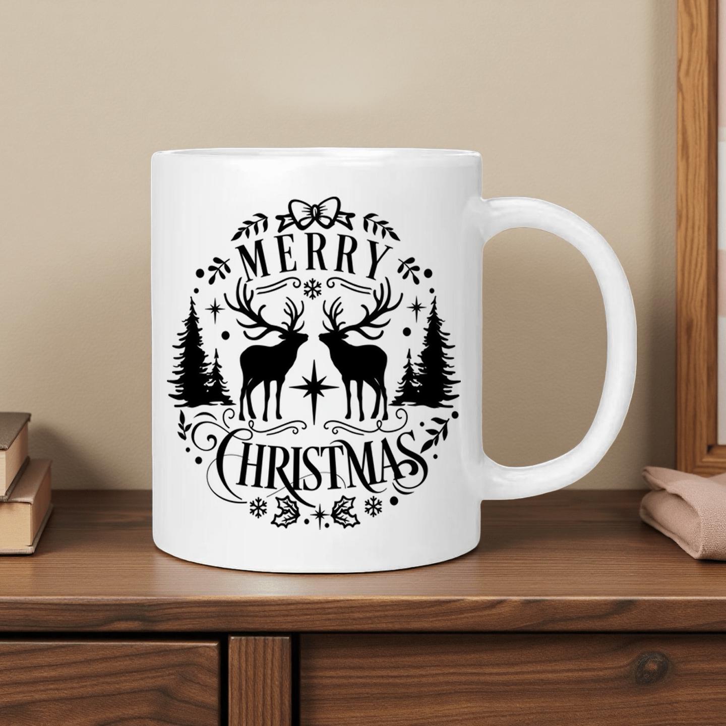 Tailorly White Ceramic 11 oz Mug - Merry Christmas Elegant Silhouette Reindeer Standing Within Snowy Pine Forest Landscape Reindeer