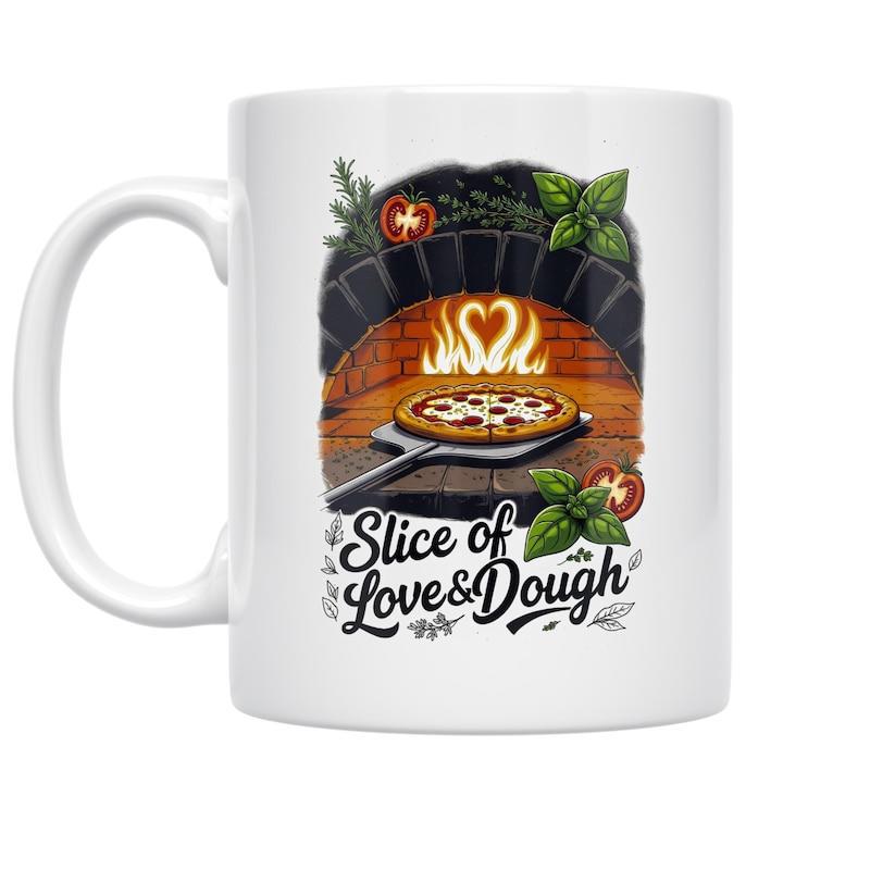 Tailorly White Ceramic 11 oz Mug - Slice Of Love Dough Traditional Brick Oven Baking Fresh Pizza With Heart Shaped Flames Pizza