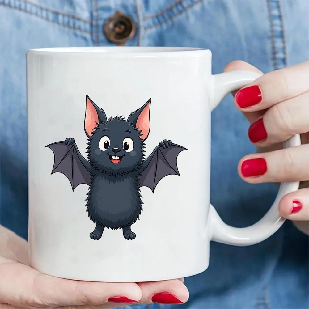 Tailorly White Ceramic 11 oz Mug - Adorable Fluffy Cartoon Character Spreading Its Dark Wings With A Smile Bat
