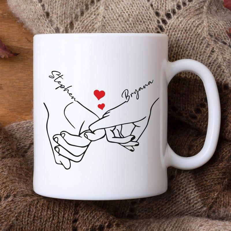 Tailorly White Ceramic 11 oz Mug - Stephen Bryana Minimalist Black Line Art Illustrating A Romantic Pinky Swear Hands