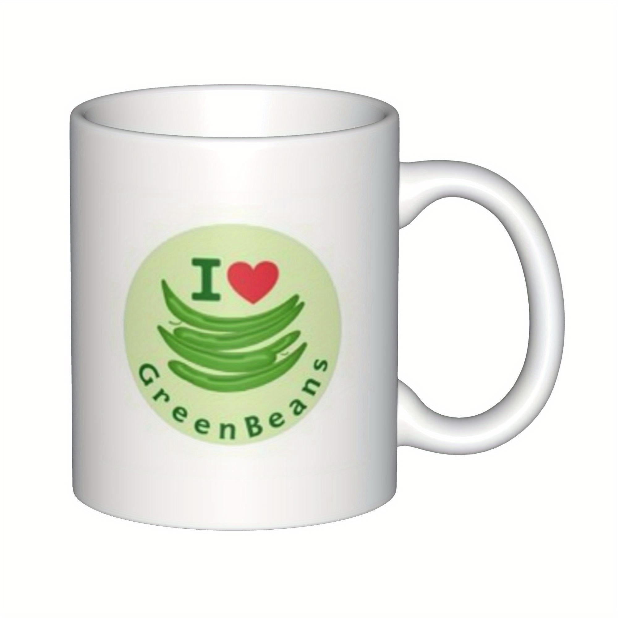 Tailorly White Ceramic 11 oz Mug - I Green Beans Freshly Harvested Organic Vegetable Pods Inside A Pale Green Circular Frame Bean