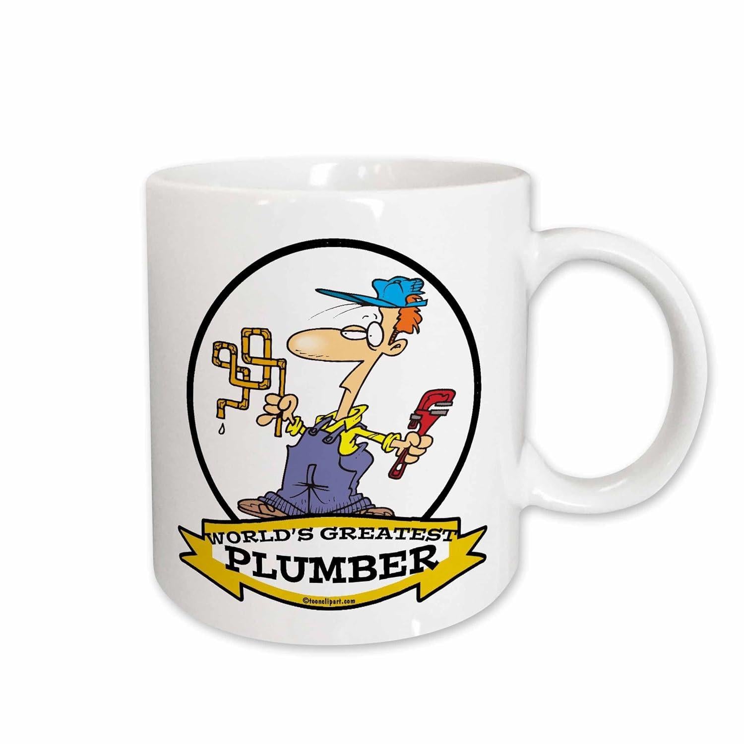 Tailorly White Ceramic 11 oz Mug - World's Greatest Plumber Funny Cartoon Man Holding A Wrench Within A Circular Yellow Banner Plumber