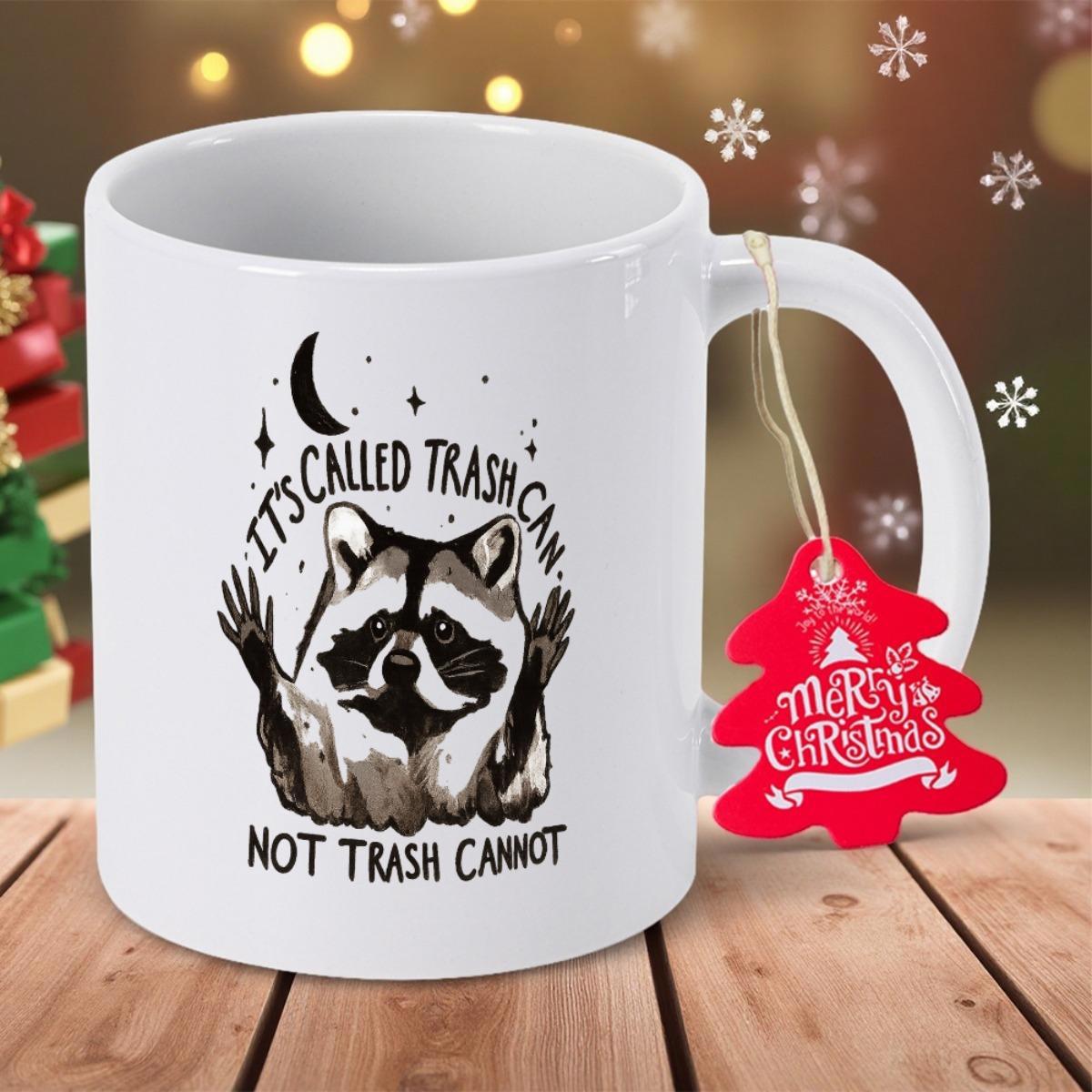 Tailorly White Ceramic 11 oz Mug - Its Called Trash Can Not Trash Cannot Curious Wildlife Animal Under Crescent Moon And Twinkling Stars Raccoon