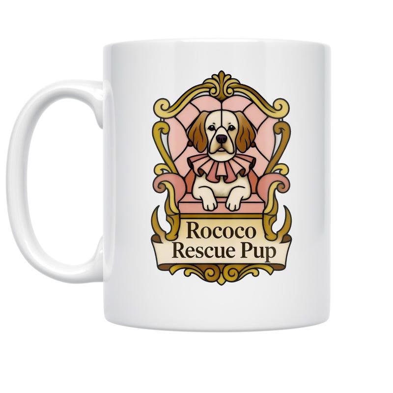 Tailorly White Ceramic 11 oz Mug - Rococo Rescue Pup Ornate Golden Frame Surrounding A Regal Canine Sitting On Pink Throne Dog