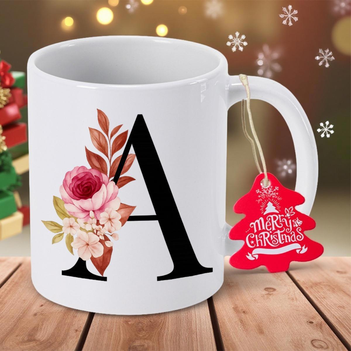 Tailorly White Ceramic 11 oz Mug - A Floral Bouquet With Pink Rose And Autumn Leaves Decorating Capital Letter A