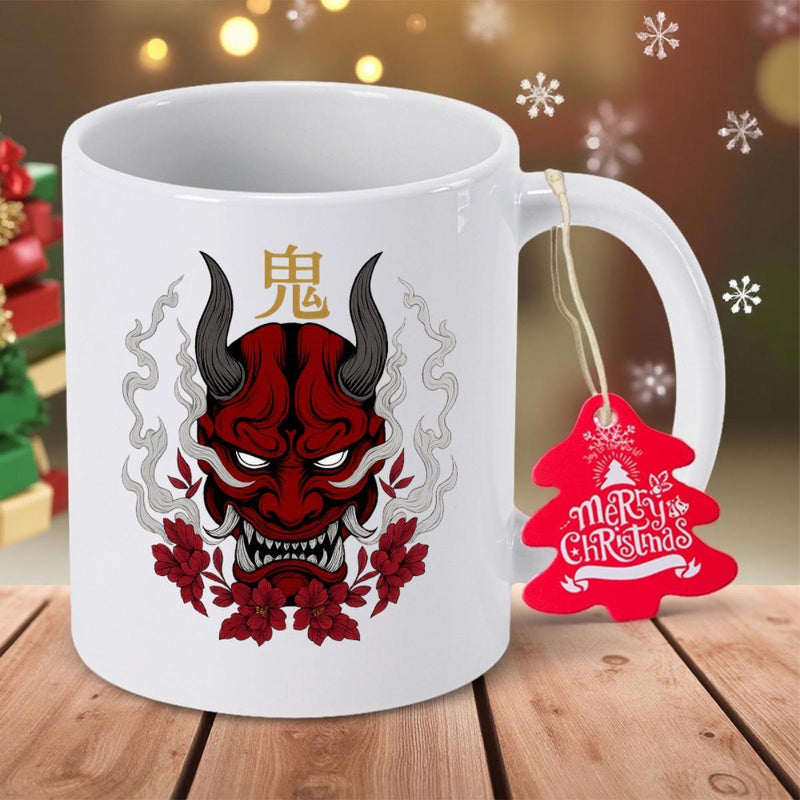 Tailorly White Ceramic 11 oz Mug - Merry Christmas Traditional Red Japanese Hannya Demon With Smoke And Dark Red Roses Mug