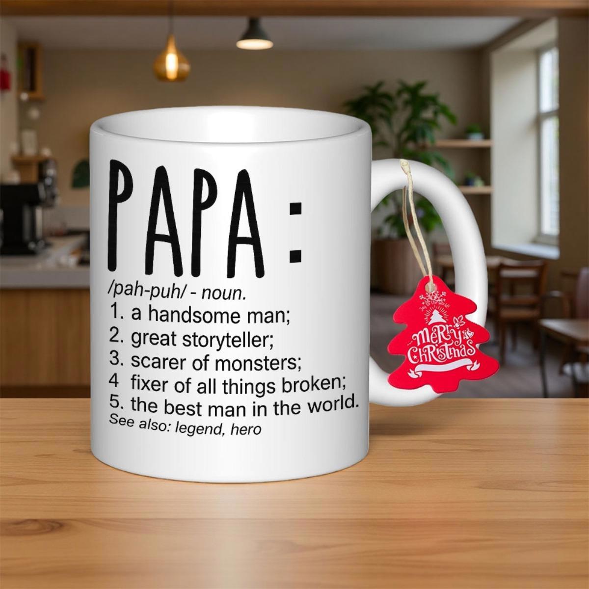 Tailorly White Ceramic 11 oz Mug - Papa Handsome Man Great Storyteller Minimalist Black Lettering On Clean White Glazed Porcelain Coffee Gift Mug