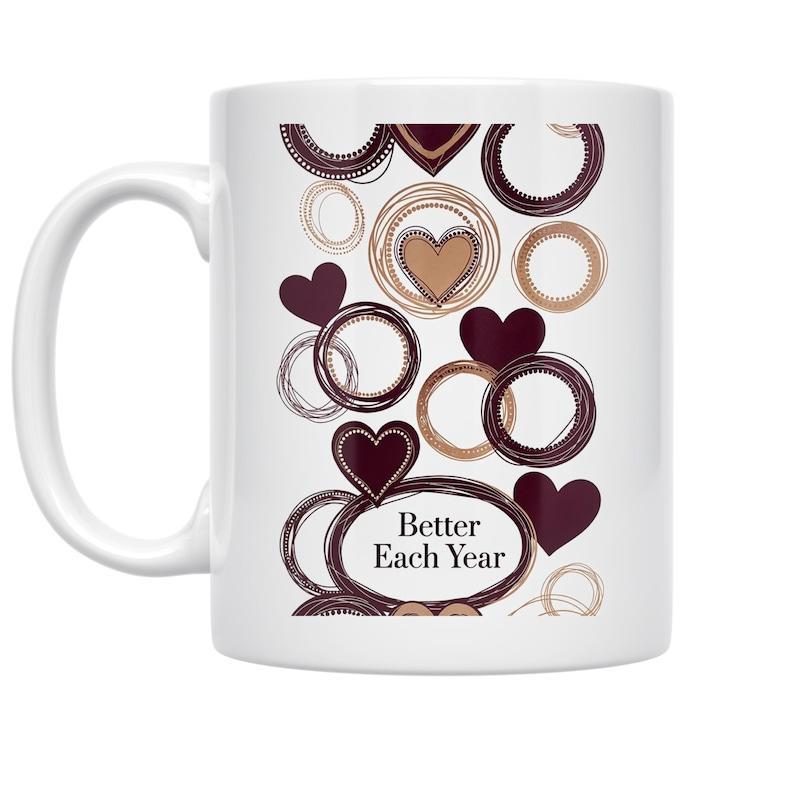 Tailorly White Ceramic 11 oz Mug - Better Each Year Sketchy Circular Patterns Surrounding Elegant Burgundy And Golden Textured Heart