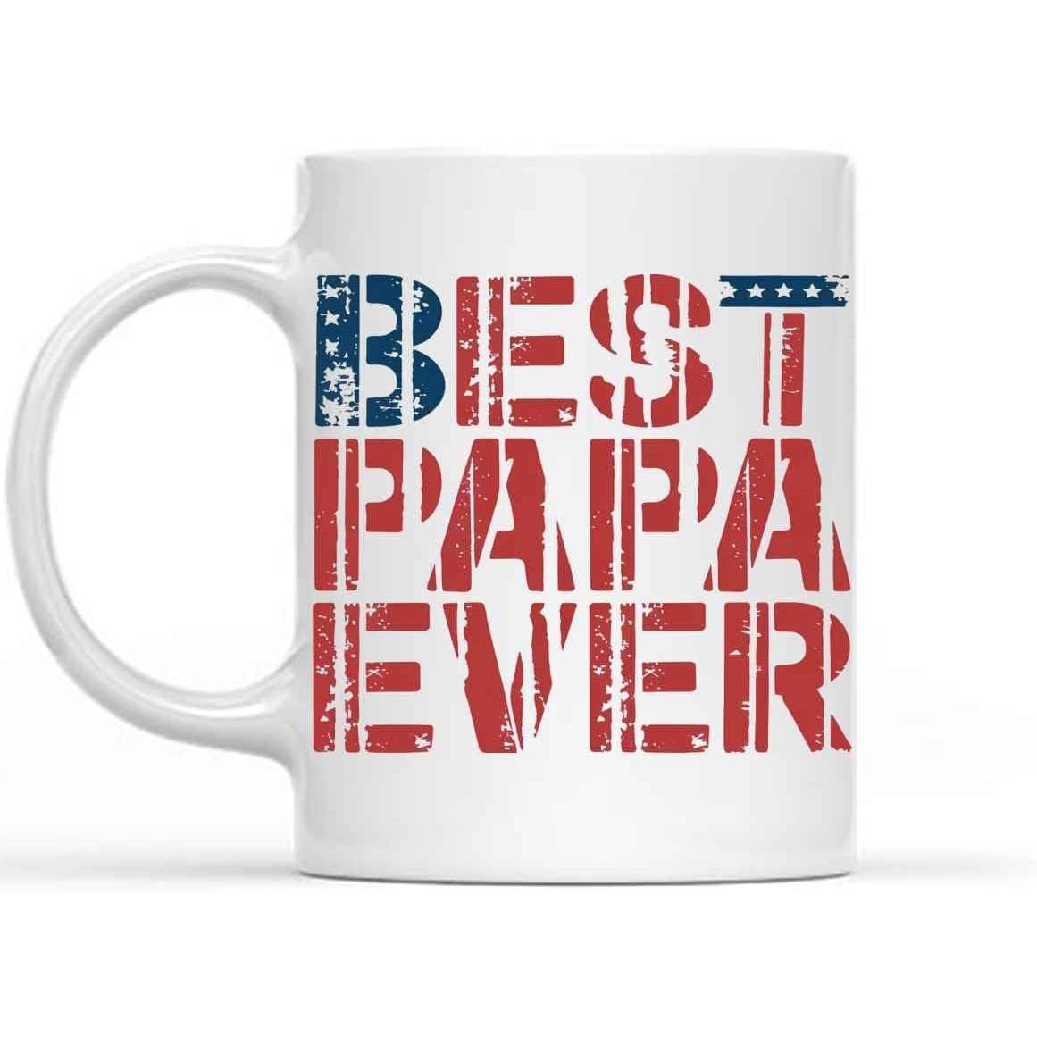Tailorly White Ceramic 11 oz Mug - Best Papa Ever Patriotic American Flag Pattern With Distressed Textured Vintage Typography Design