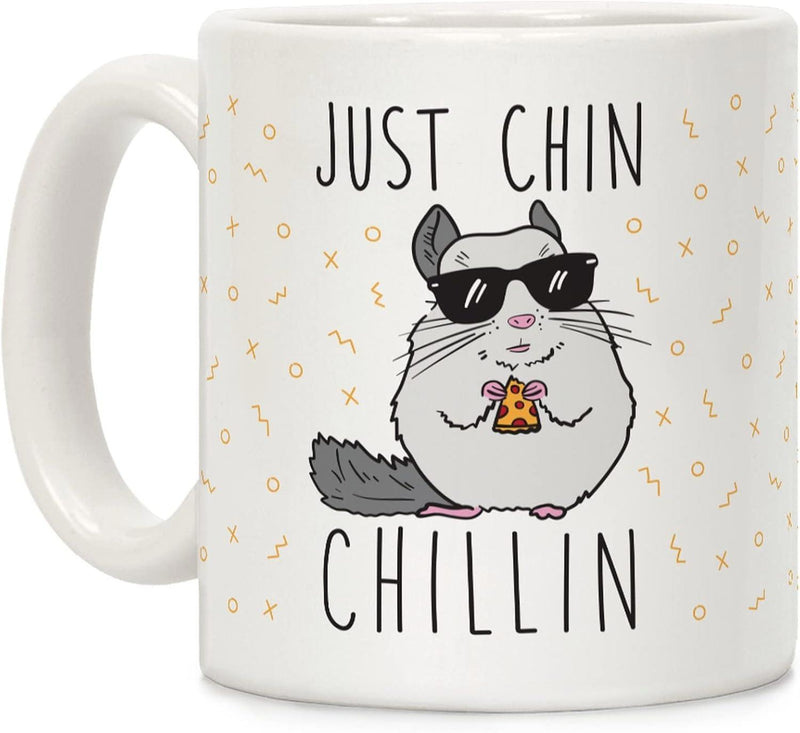 Tailorly White Ceramic 11 oz Mug - Just Chin Chillin Cool Cartoon Animal Wearing Sunglasses Eating Small Pizza Slice Chinchilla