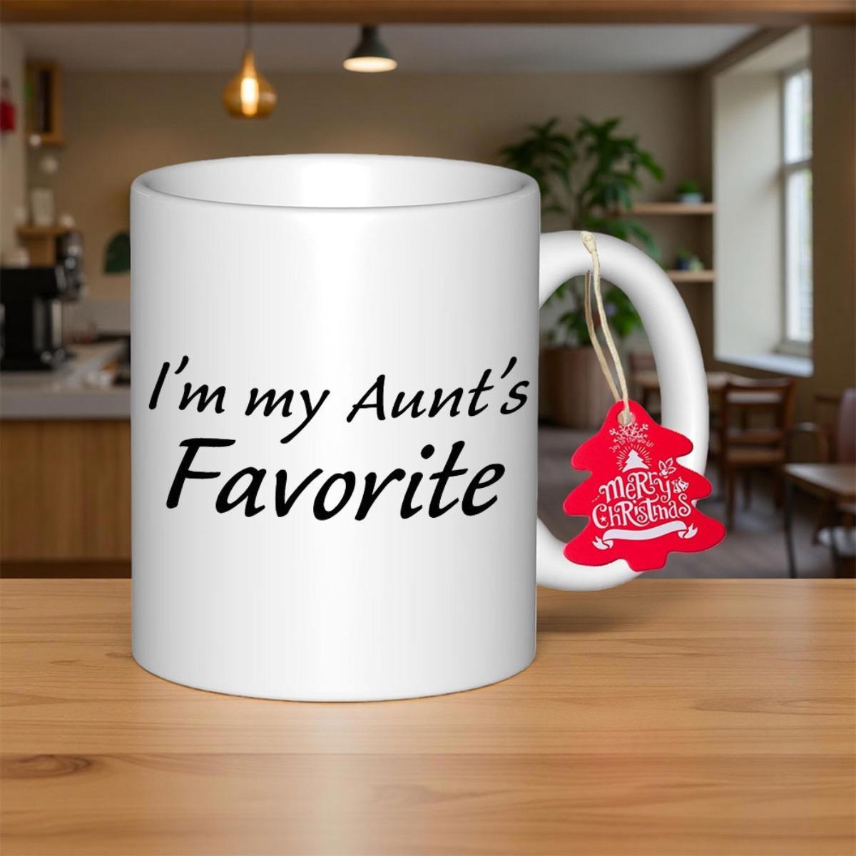 Tailorly White Ceramic 11 oz Mug - Im My Aunts Favorite Minimalist Ceramic Texture Resting Upon Polished Natural Wood Surface Mug