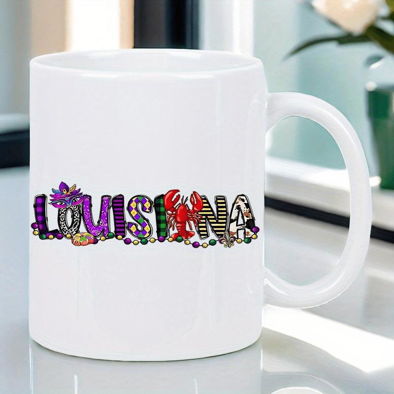 Tailorly White Ceramic 11 oz Mug - Louisiana Vibrant Patterns With Festive Beads And A Small Red Crawfish Louisiana