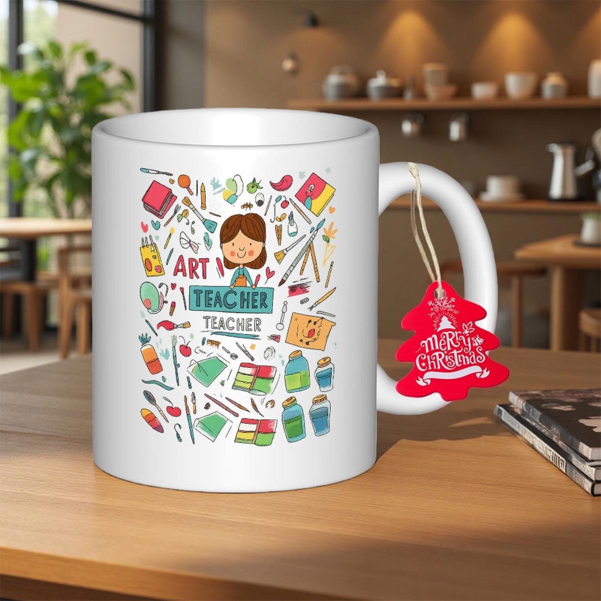 Tailorly White Ceramic 11 oz Mug - Art Teacher Teacher Vibrant Hand Drawn Art Supplies Surrounding A Smiling Female Cartoon Teacher