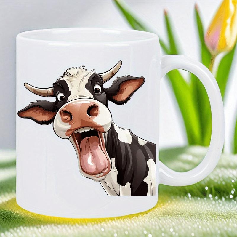 Tailorly White Ceramic 11 oz Mug - Funny Laughing Spotted Farm Animal With Wide Open Mouth And Horns Cow