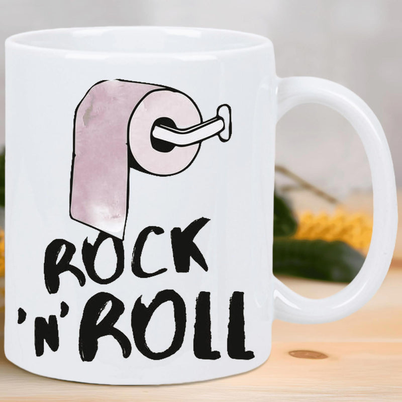 Tailorly White Ceramic 11 oz Mug - Rock N Roll Minimalist Hand Drawn Sketch Of Hanging Bathroom Tissue Roll