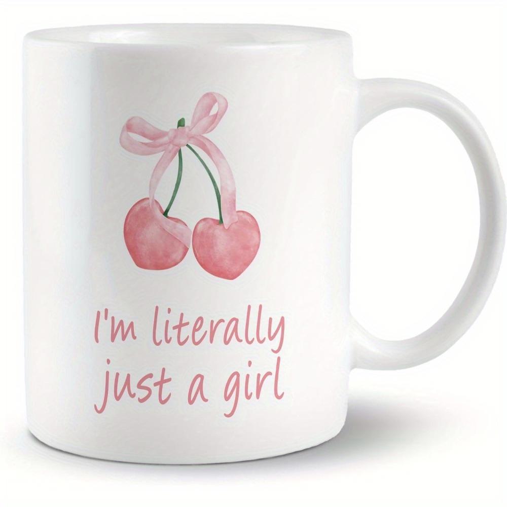 Tailorly White Ceramic 11 oz Mug - I'm Literally Just A Girl Watercolor Artistic Pink Ribbon Tied Sweet Heart Shaped Cherry