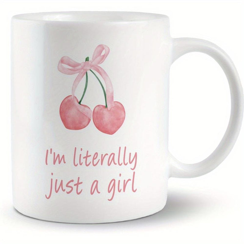 Tailorly White Ceramic 11 oz Mug - I'm Literally Just A Girl Watercolor Artistic Pink Ribbon Tied Sweet Heart Shaped Cherry