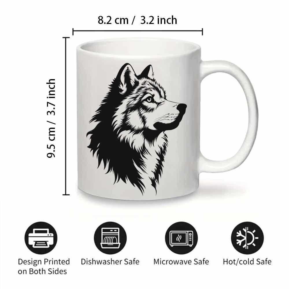 Tailorly White Ceramic 11 oz Mug - Majestic Wild Animal Portrait In Detailed Black And White Art Wolf