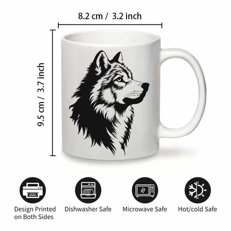 Tailorly White Ceramic 11 oz Mug - Majestic Wild Animal Portrait In Detailed Black And White Art Wolf