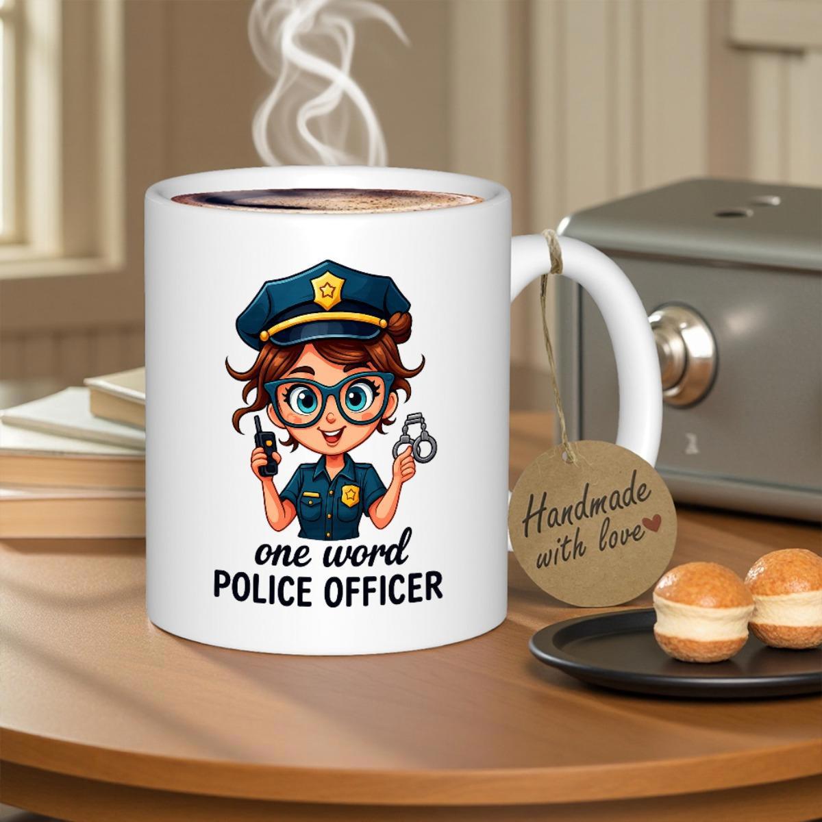Tailorly White Ceramic 11 oz Mug - One Word Police Officer Charming Chibi Female In Uniform Wearing Glasses Holding Handcuffs Officer