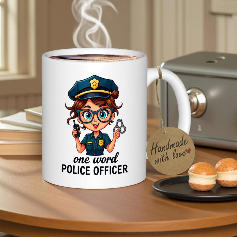 Tailorly White Ceramic 11 oz Mug - One Word Police Officer Charming Chibi Female In Uniform Wearing Glasses Holding Handcuffs Officer