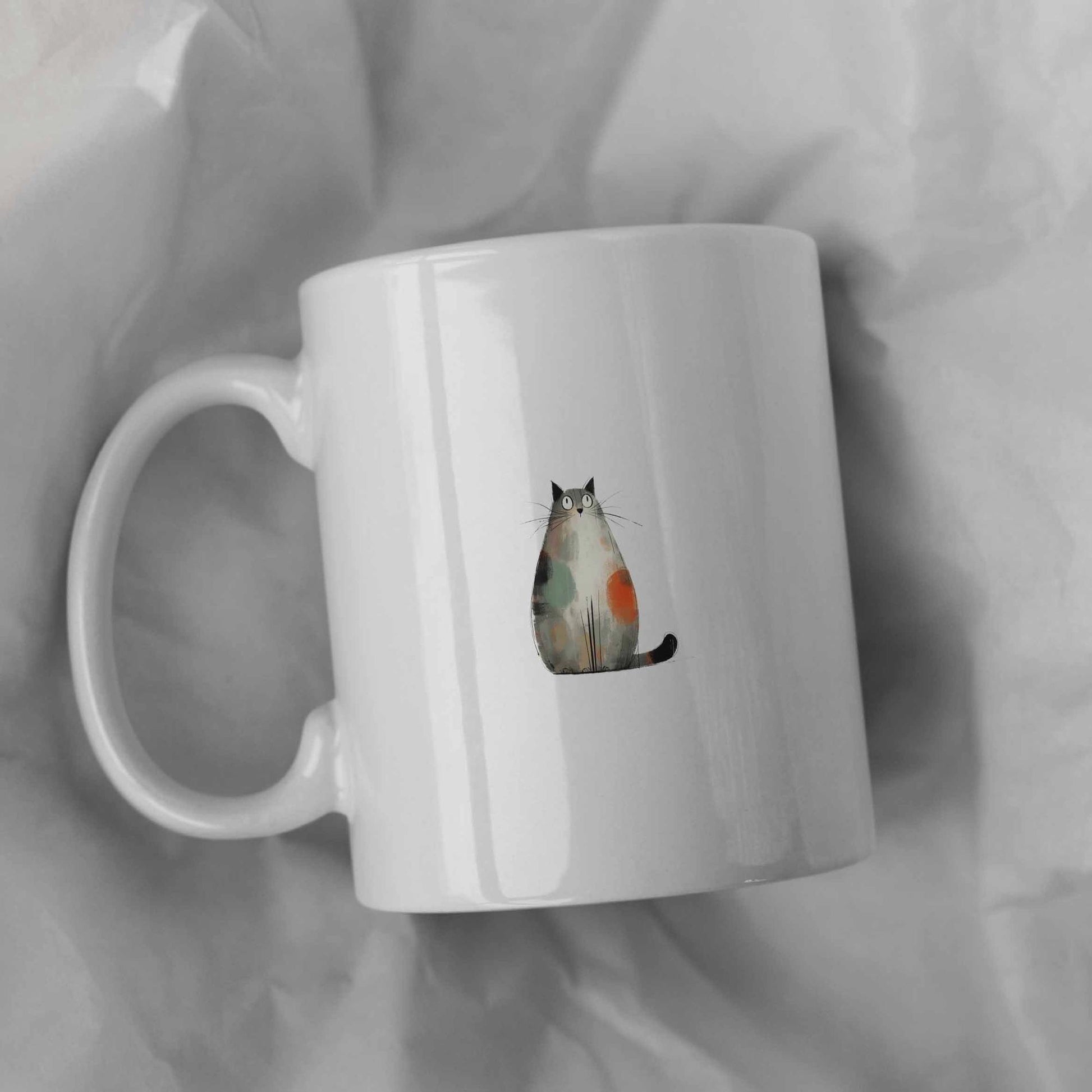 Tailorly White Ceramic 11 oz Mug - Artistic Watercolor Style Sitting Calico With A Round Body Shape Cat