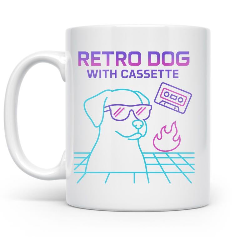Tailorly White Ceramic 11 oz Mug - Retro Dog With Cassette Cool Outlined Pet Wearing Sunglasses Among Retro Synthwave Grid Dog