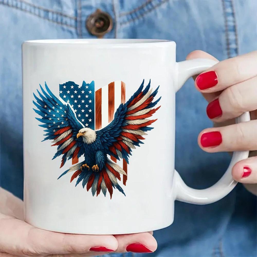 Tailorly White Ceramic 11 oz Mug - Soaring Patriotic American Flag Background With Powerful Wings Spreading Majestic Bald Eagle