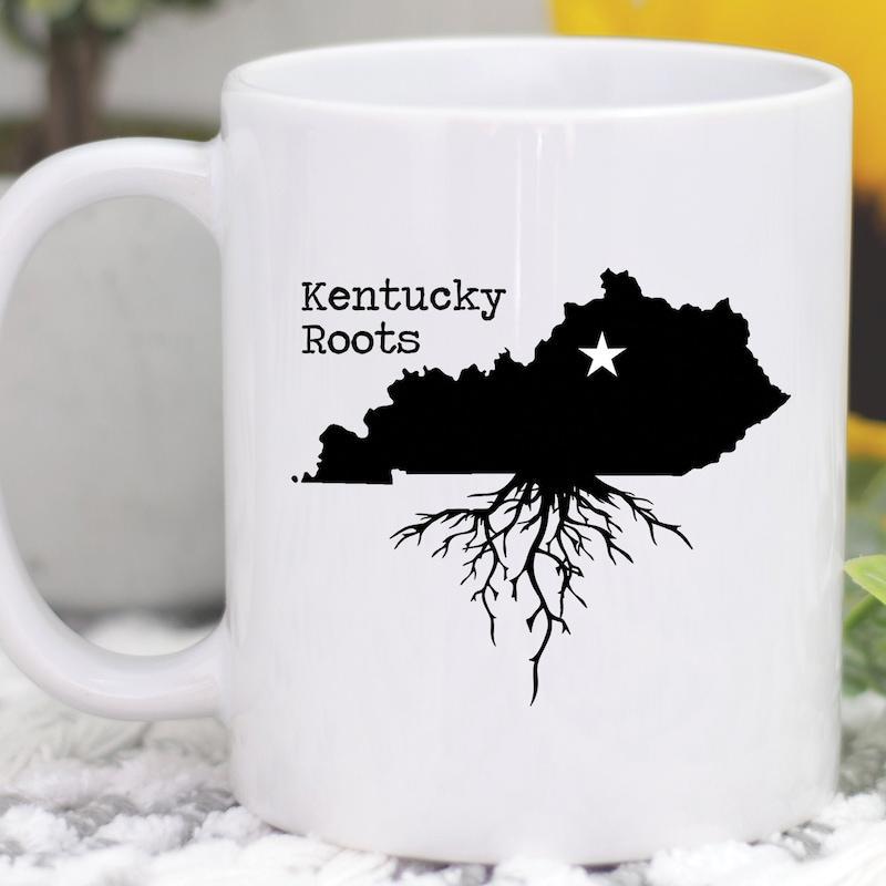 Tailorly White Ceramic 11 oz Mug - Kentucky Roots Silhouette State Shape With Small Star And Deep Growing Tree Roots Kentucky