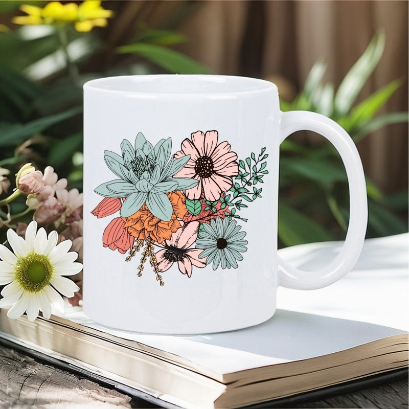 Tailorly White Ceramic 11 oz Mug - Vibrant Hand Drawn Succulents And Wildflowers Blooming In Soft Pastel Tones Bouquet