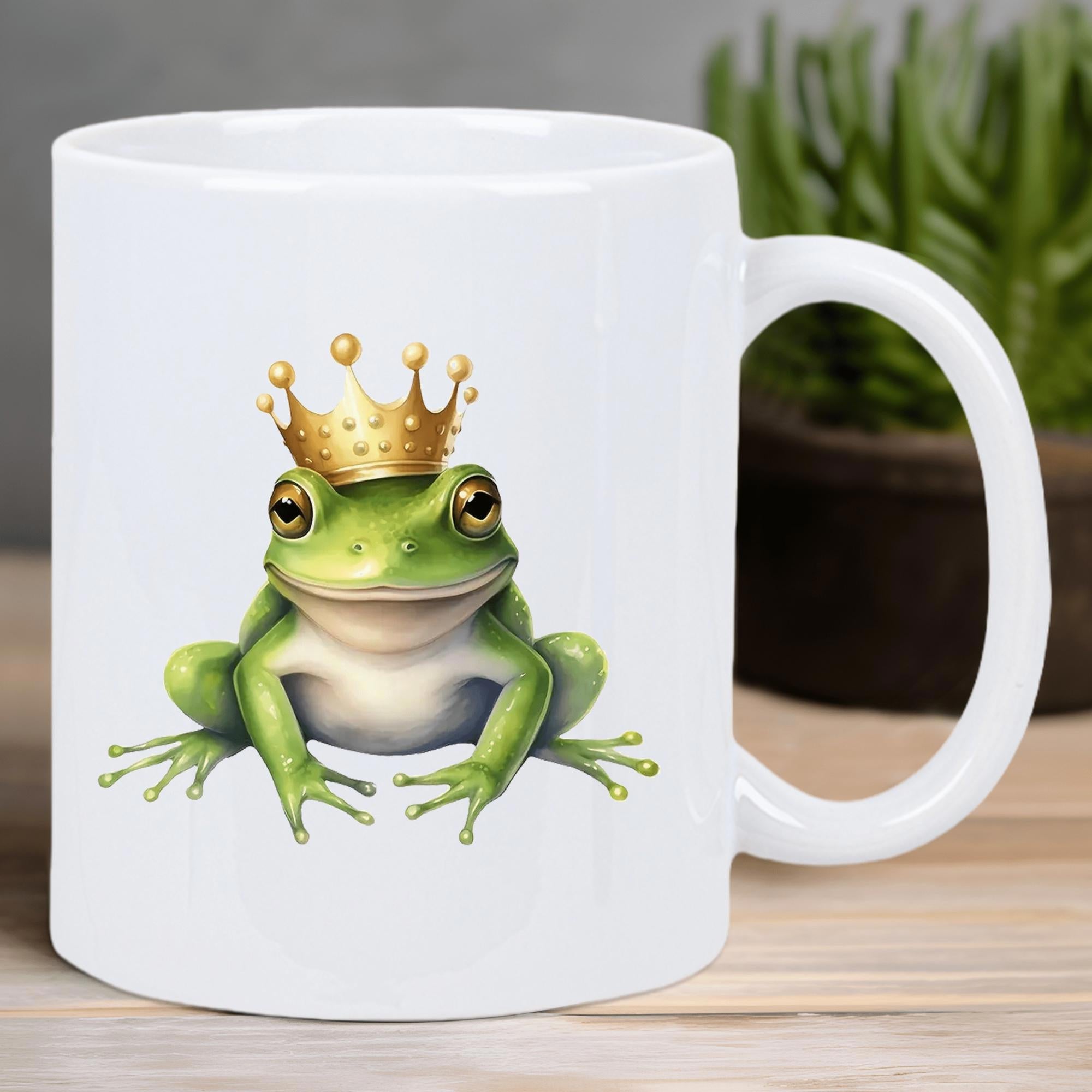 Tailorly White Ceramic 11 oz Mug - Whimsical Green Sitting Frog Wearing A Small Golden Royal Crown Frog