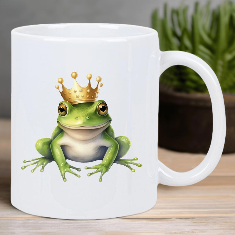 Tailorly White Ceramic 11 oz Mug - Whimsical Green Sitting Frog Wearing A Small Golden Royal Crown Frog