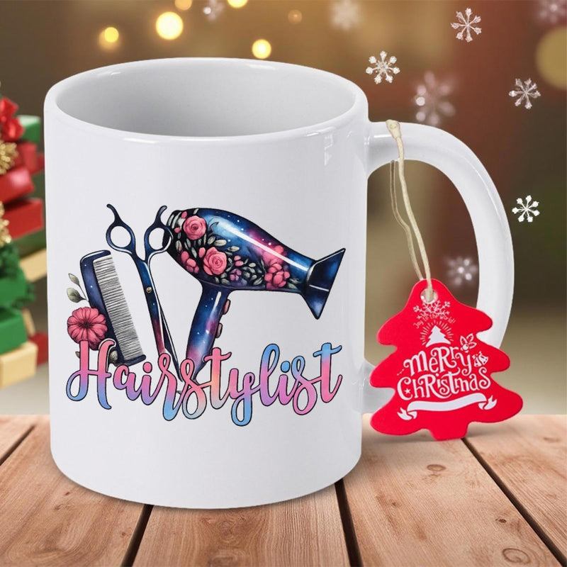 Tailorly White Ceramic 11 oz Mug - Hairstylist Decorative Floral Pattern Barber Tools Including Scissors And Comb Blow Dryer