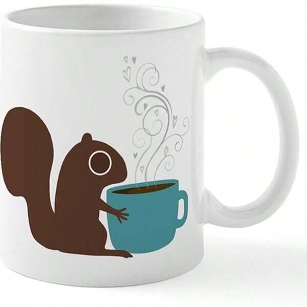 Tailorly White Ceramic 11 oz Mug - Stylized Brown Forest Animal Holding A Blue Steaming Cup Of Coffee Squirrel