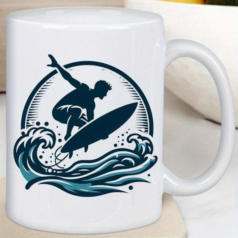 Tailorly White Ceramic 11 oz Mug - Athletic Man Riding Large Cresting Waves Inside A Circular Frame Surfer