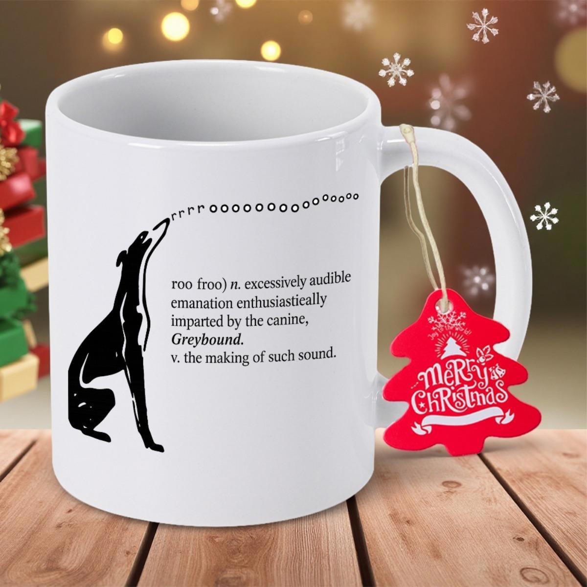 Tailorly White Ceramic 11 oz Mug - Roo Excessively Audible Canine Greyhound Merry Christmas Minimalist Black Silhouette Of A Sitting Howling Dog Gracefully