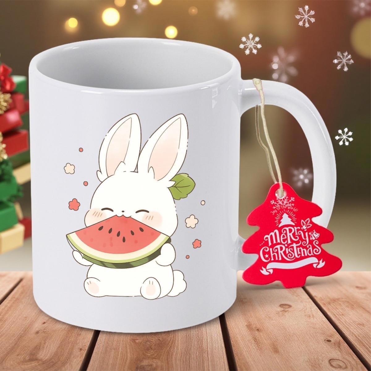 Tailorly White Ceramic 11 oz Mug - Merry Christmas Adorable White Bunny Sitting Peacefully While Enjoying A Fresh Juicy Watermelon Rabbit