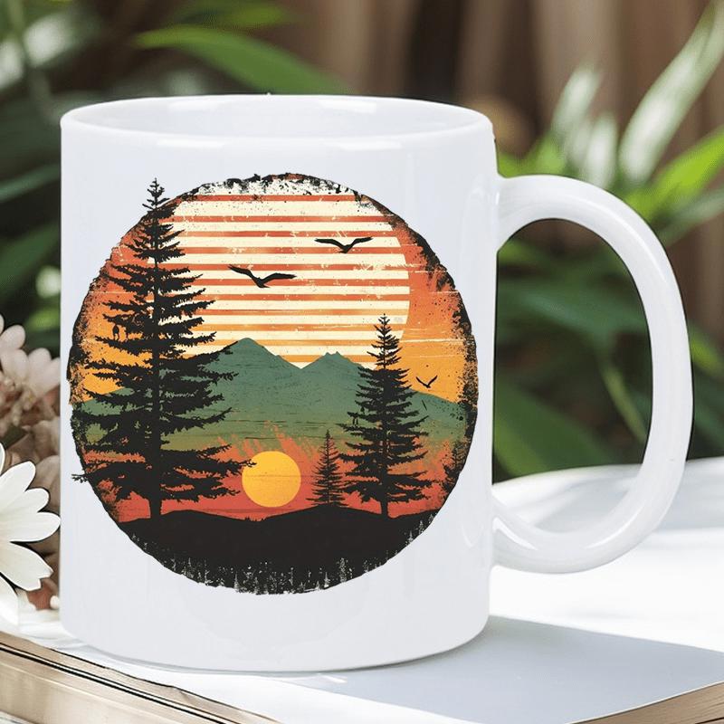 Tailorly White Ceramic 11 oz Mug - Retro Sunset With Pine Trees And Mountains Under Flying Birds Landscape