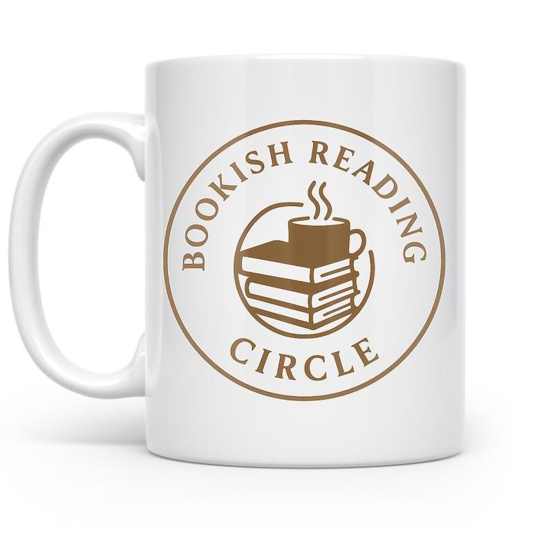 Tailorly White Ceramic 11 oz Mug - Bookish Reading Circle Minimalist Circular Line Art With Steaming Coffee Cup On Stacked Books