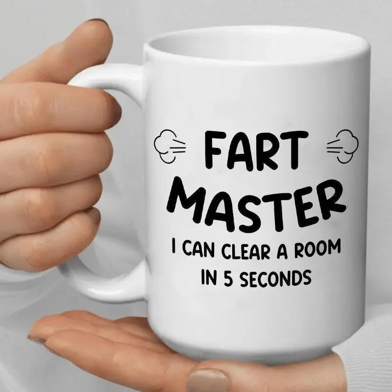 Tailorly White Ceramic 11 oz Mug - Fart Master I Can Clear A Room In 5 Seconds Humorous Bold Black Lettering With Cartoon Smoke Clouds Mug
