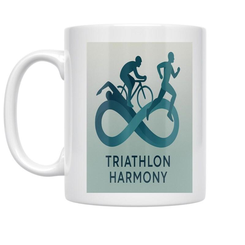 Tailorly White Ceramic 11 oz Mug - Triathlon Harmony Graceful Athletes Swimming Cycling And Running Above A Symbolic Infinity Loop Triathlon