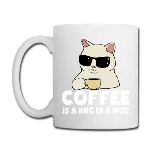 Tailorly White Ceramic 11 oz Mug - Coffee Is A Hug In A Mug Cool White Cartoon Cat Wearing Sunglasses Holding A Steaming Small Coffee Cat