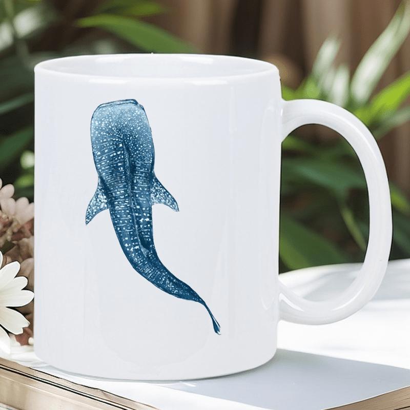 Tailorly White Ceramic 11 oz Mug - Elegant Blue Whale Shark With White Spots Swimming In Deep Water Shark